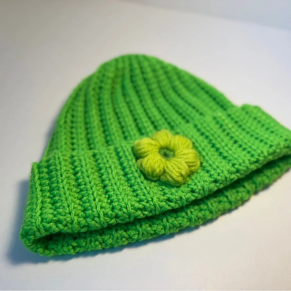 Green Crochet Beanie with Flower - Picture 3 of 4